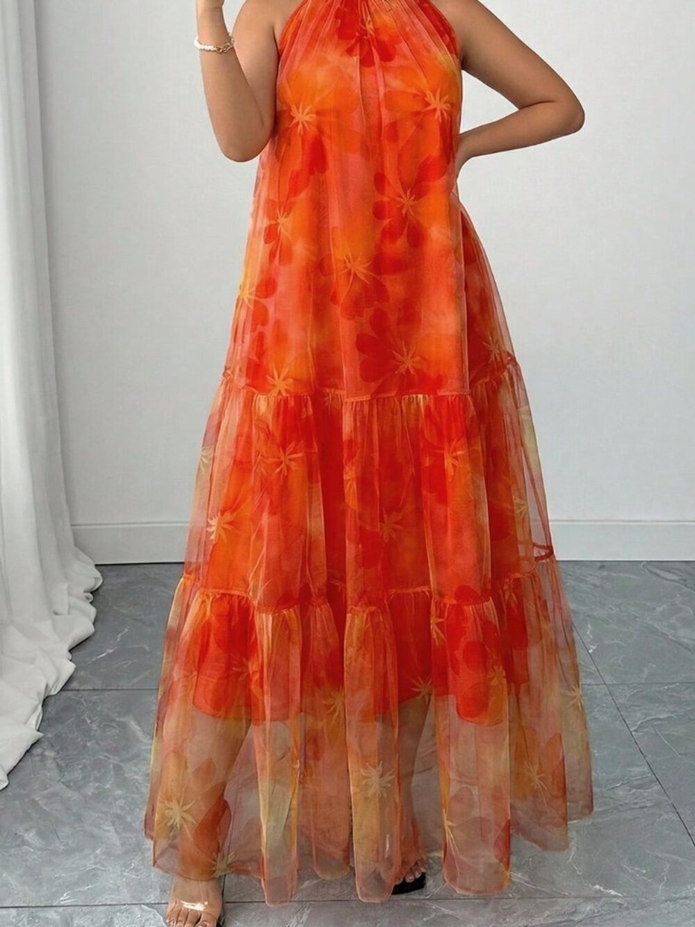 Orange Casual Women's Plus Size Sleeveless Double-Layer Floral Chiffon Dress
